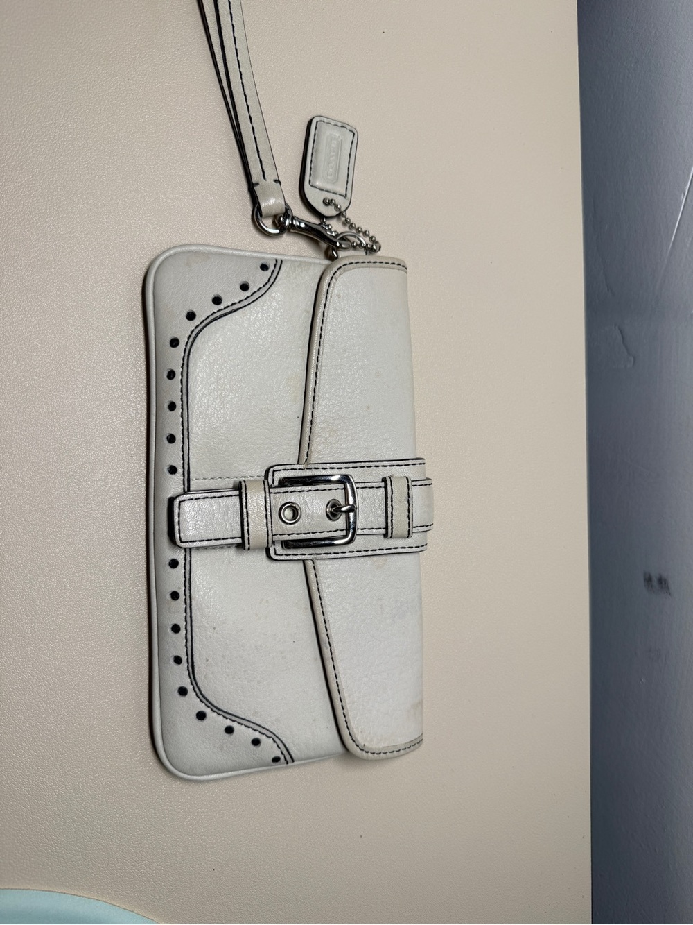 Vintage Coach SoHo Leather Wristlet Clutch with Buckle Accent- Bone color